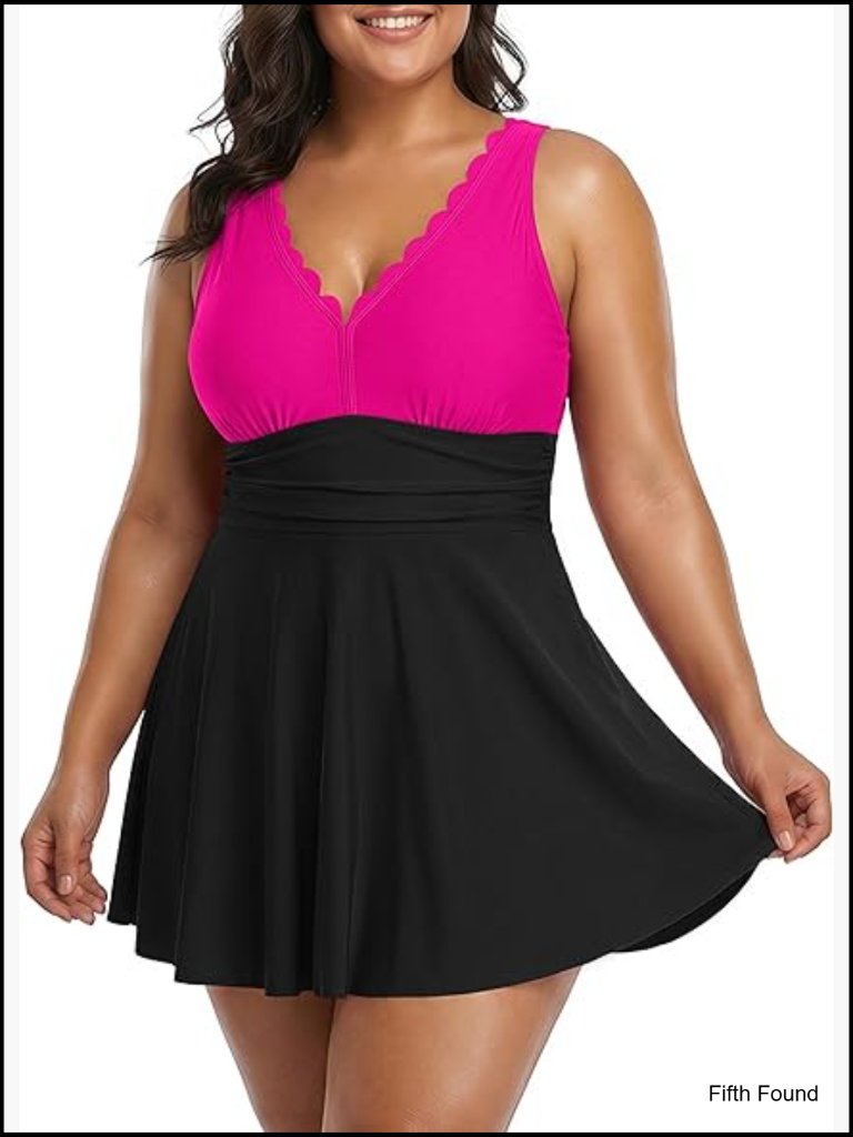 Plus Size Swimdress One Piece Swimsuit Tummy Control Scalloped V Neck Flowy